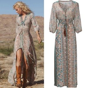 SOLD! Boho Sheer Smocked-Waist Maxi Dress